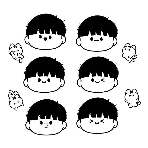 Cute boy faces with various expressions and cartoon animal characters in vector illustration A collection of cute cartoon boy faces with various expressions, accompanied by adorable animal characters. Ideal for design projects, stickers, and children's illustrations. black baby crying drawing stock illustrations
