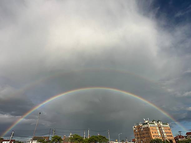 istock Vibrant double rainbow arches over a cityscape. Long Beach, New York. 2216937151