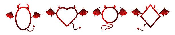 istock Halloween devil frames. Demon photo frame with red wings, tail and horns. Diamond, circle and oval, heart shape borders. Evil symbol for Halloween greeting card. Vector set 2216939169