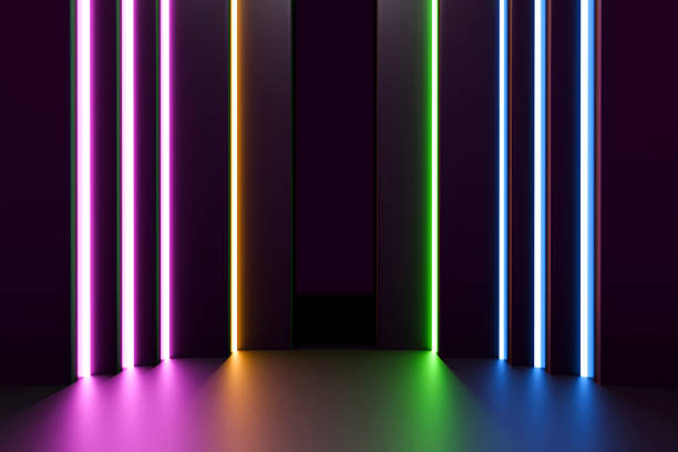 istock Modern black room background with colorful neon lights on the background. 2216939926