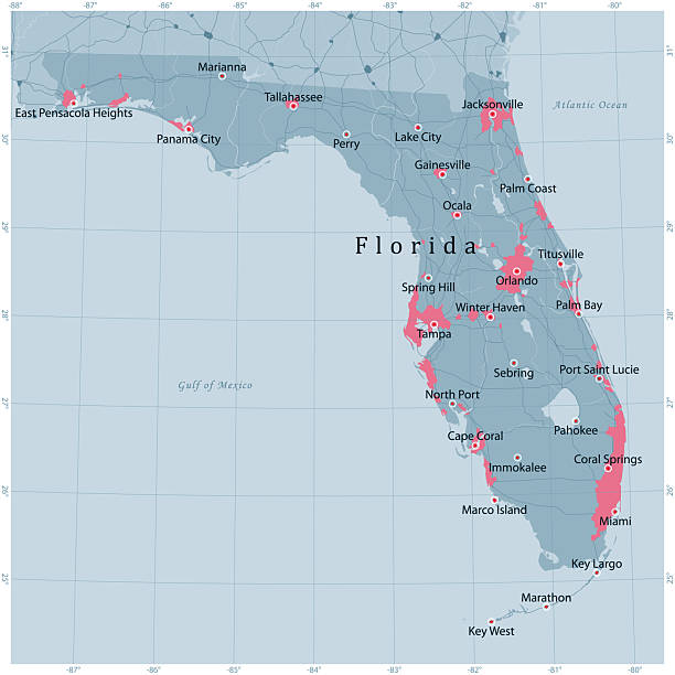 Florida US State Vector Road Map Grey Florida US State Vector Road Map Grey. All source data is in the public domain. Roads, Water, Regions, Urban Areas: Made with Natural Earth.https://www.naturalearthdata.com/downloads/10m-physical-vectors/https://www.naturalearthdata.com/downloads/10m-cultural-vectors/ florida map stock illustrations