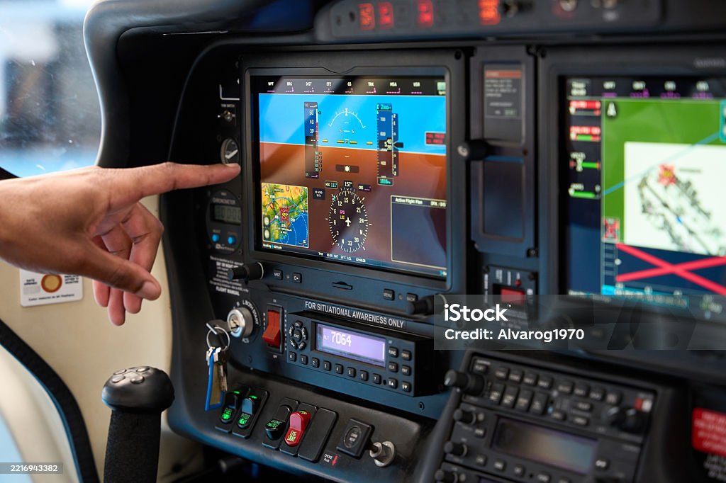 Plane Screen Instrument Pilot Using Touch Screen In Modern Aircraft Cockpit Stock Photo ...