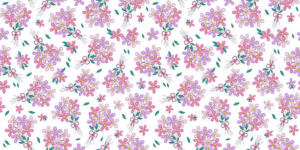 istock Bouquet of flowers, seamless pattern. Gift for holiday, birthday, wedding. Line drawing, doodle. Simple meadow flower. Vector repeating background. 2216943632