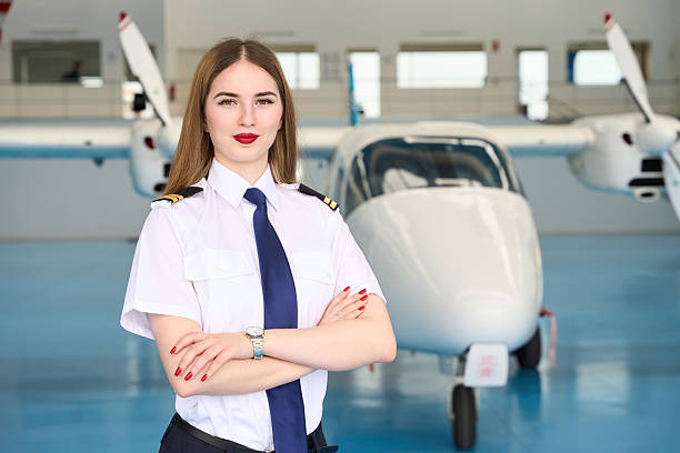 istock Confident young female pilot posing in aircraft hangar 2216943660