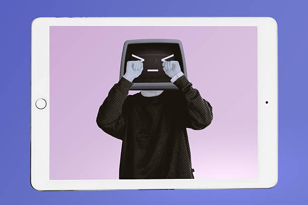 Crying AI person with retro screen face displayed on a tablet. Virtual avatar on device with emotion and personality. Artificial intelligence technology collage.