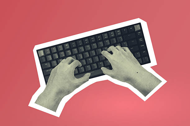 hands typing on keyboard over red background. Working in office retro collage concept. Pop art sticker with white border.