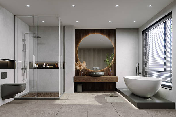 Modern Bathroom Interior With Bathtub, Shower, Toilet And Mirror