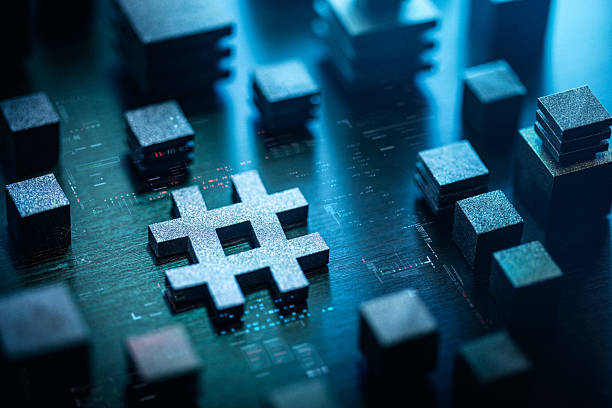 istock Futuristic abstract concept featuring a hashtag symbol on a technology background 2216950547