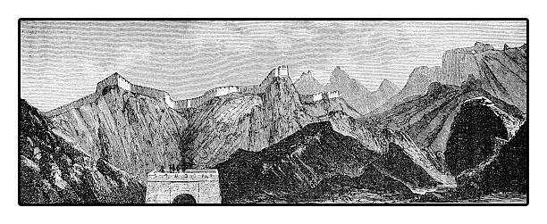 Vintage engraving of Great Wall of China with its magnificent fortifications made of stone and brick, built across the historical northern borders of China to protect the empire from nomadic invasions