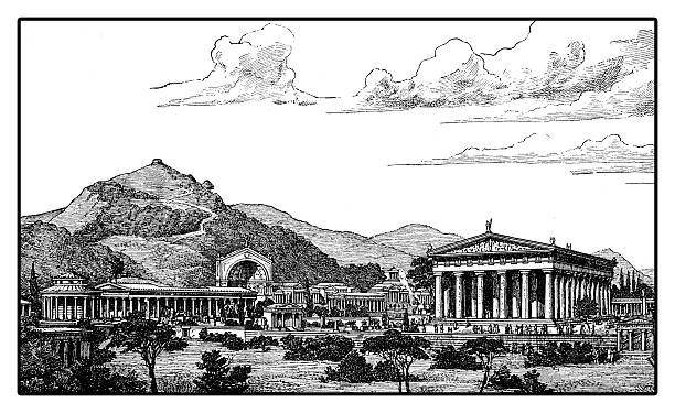 XIX century engraving describing how could have been the Sanctuary of Olympia  in Elis on the Peloponnese peninsula in the antique times not damaged over the course of centuries.
