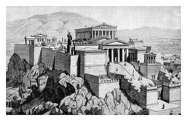 XIX century engraving describing how could have been the Acropolis of Athens in the antique times, not damaged over the course of centuries.