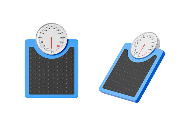 Mechanical bathroom scale with analog dial in blue casing and textured platform, shown from front and angled views on white background. 3D Rendering