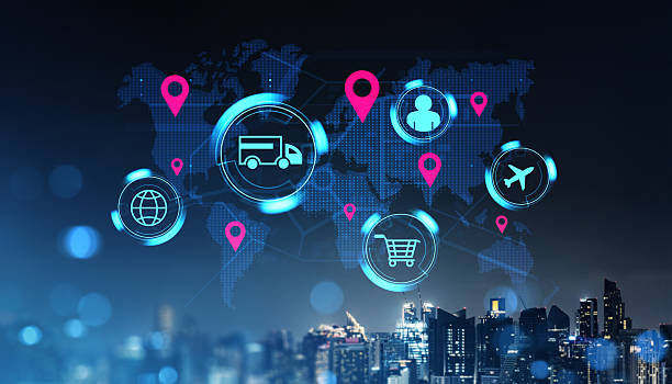 istock Logistics and transportation network visualization with global delivery icons on dark background. 2216955563