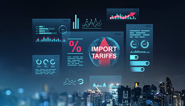 istock Digital interface showing import tariffs statistics and growth charts over city skyline. 2216955669