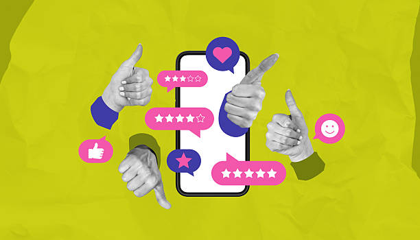 istock Customer feedback ratings and thumbs gestures around smartphone on yellow background. 2216955846