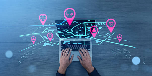 istock Logistics and delivery management concept with digital map and pins on laptop screen. 2216956029