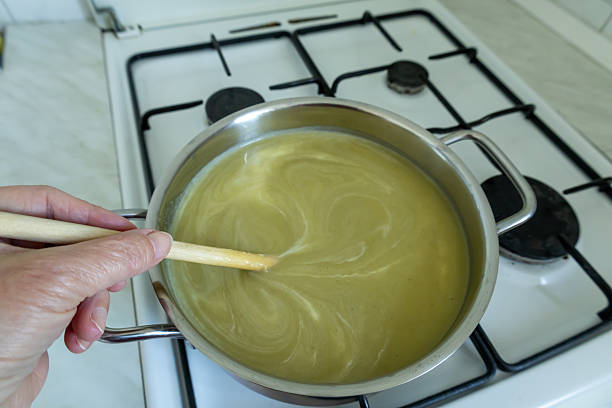 Tasty Potato Cream Soup With Baguette In Bowl. Food Menu.