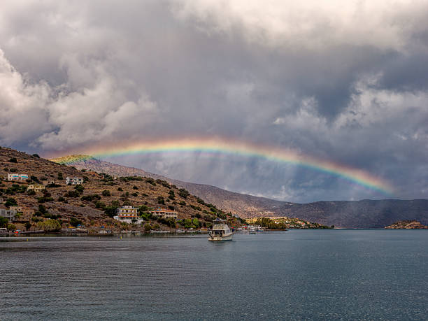 Calm waters reflect a vibrant rainbow stretching over the hills of Schisma Elountas, capturing nature's beauty at dusk.