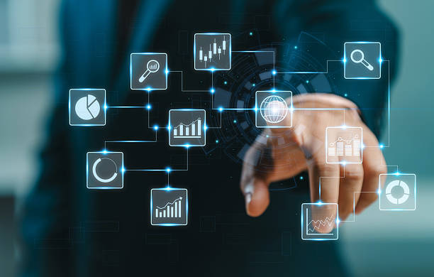 istock Man touching stock market virtual icons. Business man using Big data for analytics and business intelligence (BI) with chart and graph icons on a digitals screen interface. Online digital and market. 2216959360