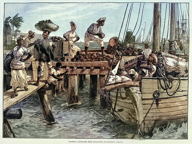 People loading a schooner, boat, with cocoa nuts at Kingston, Jamaica Vintage illustration, 19th Century 1880s
