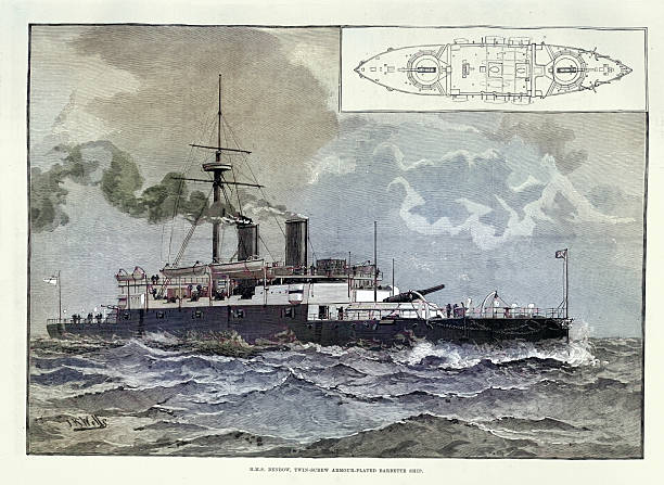 HMS Benbow was a Victorian era Admiral-class battleship of the British Royal Navy, named for Admiral John Benbow,  Vintage illustration, 19th Century 1880s
