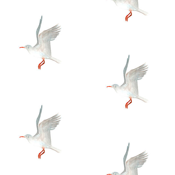 istock Flying seagull watercolor seamless pattern isolated on white. High quality hand-drawn clip art for cards, stationary, scrapbooking, wrapping paper, sea tourism products, dishes, textile decor design 2216968288