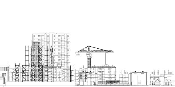 istock A city skyline with a large crane in the middle. The crane is surrounded by scaffolding and is the tallest structure in the scene. The skyline is filled with buildings of various heights 2216972250