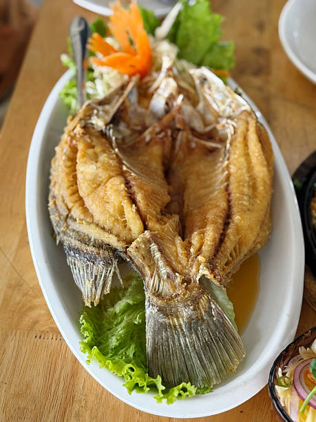Fried fish in white plate on wooden table,Thai food