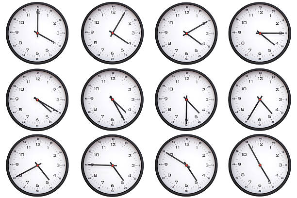 istock A collage of 12 analog wall clocks, each displaying a different from 04:00 to 04:55 or 16:00 to 16:55. Perfect for time management themes 2216974772