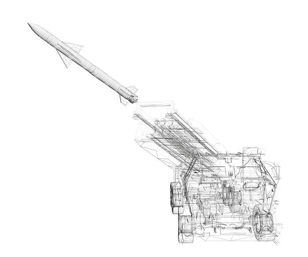 istock A rocket is shown in a black and white drawing. The rocket is in the middle of the image and is surrounded by a long, thin object. The rocket appears to be a part of a larger structure 2216976362