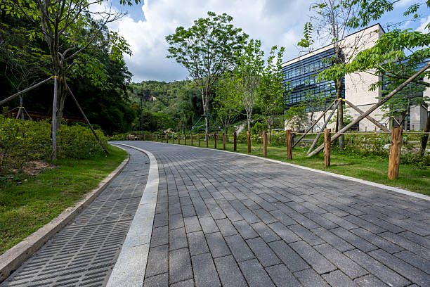 Urban Park Pathway with Modern Buildings