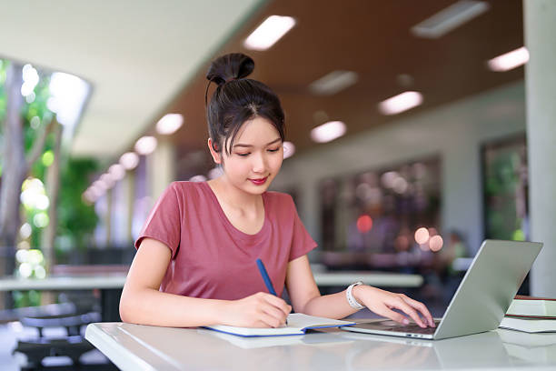 istock Asian Young Woman Studying Online with Laptop & Notebook for Education at University Learning and Writing Ideas with Pen in Campus 2216984599