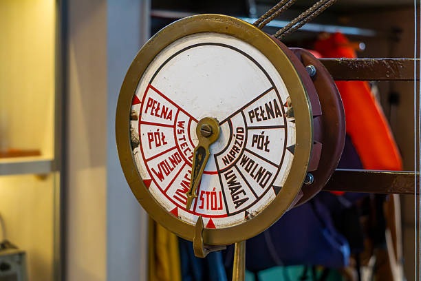 istock Close-up of an old-fashioned engine order telegraph used on ships to communicate speed commands to the engine room. The dial features Polish instructions such as 
