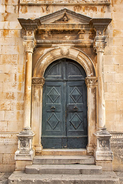 Front view of the historic Saint Saviour Church in Dubrovnik, Croatia, showcasing its well-preserved Renaissance architecture. Located in the Old Town, this cultural landmark is a key example of 16th-century Croatian heritage.