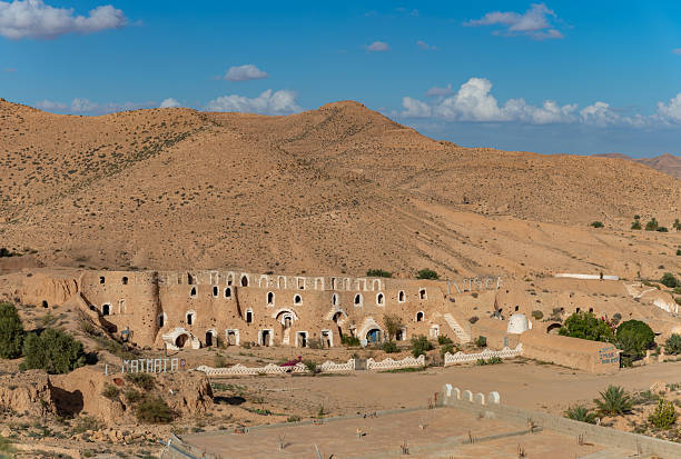 A picture of Troglodyte houses and the desert landscape around it, in Matmata, Tunisia.