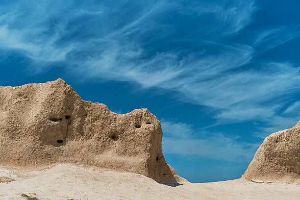 sandstone rocks against blue sky with clouds, copy space for natural eco cosmetics advertising concept, pure natural cosmetics for skin care and UV protection