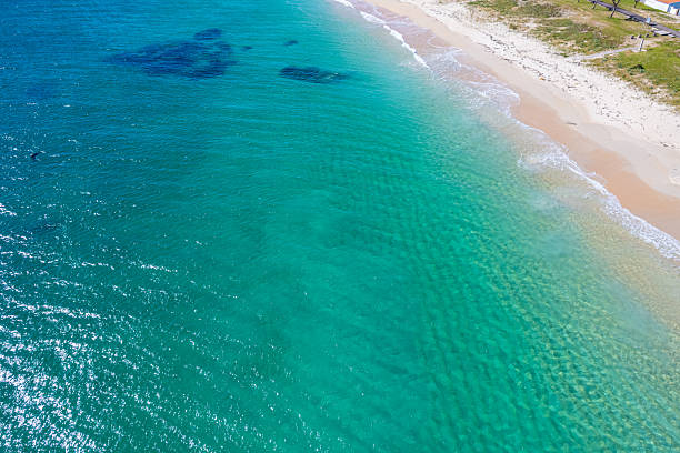 istock waves breaking on a deserted beach from high above. Top view. Summer concept background 2216999173