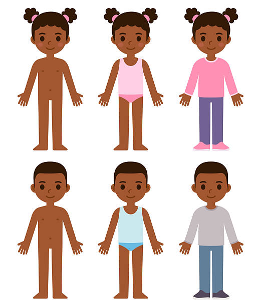 Cartoon Black children in clothes and underwear Cute cartoon Black children naked, in underwear and dressed. Little boy and girl putting on clothes. Isolated vector illustration. boy getting dressed for school stock illustrations