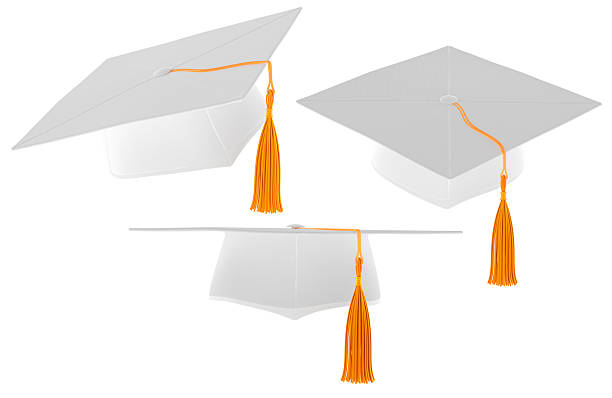 3D graduation cap, mockup set. White academic caps with tassels in multiple views. Medical or humanities graduations, concept. 3D rendering isolated on white background