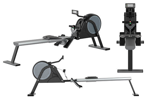 Rowing Machine, Magnetic Rower with LCD Monitor different front, top, side views. 3D rendering isolated on white background