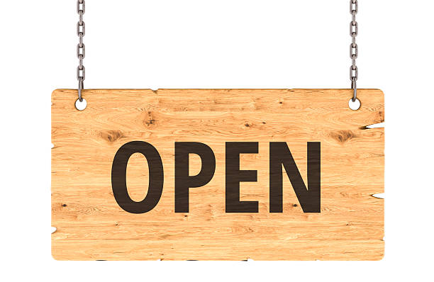 istock OPEN Wooden Sign Hanging on Chains, 3D Rendering 2217005766