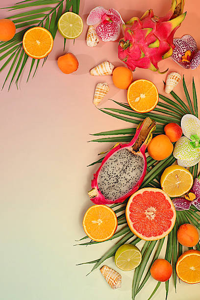istock Dragon fruit, pitaya, oranges, apricots, orchid flowers, grapefruit and seashells on palm leaves, template for your design. Tropical background with exotic fruits, Sunny banner. Summer in a snapshot, 2217011728