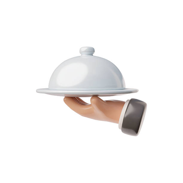 istock Waiter tray platter with closed lid holding by hand 3D cartoon plastic vector icon, restaurant service, dish delivery 2217013093