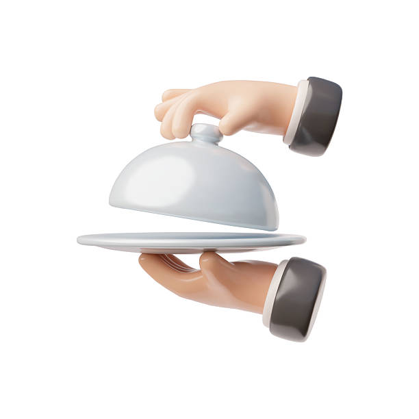 istock 3d illustration with the image of an icon with waiter's hands holding a tray and opening the lid. 2217013098