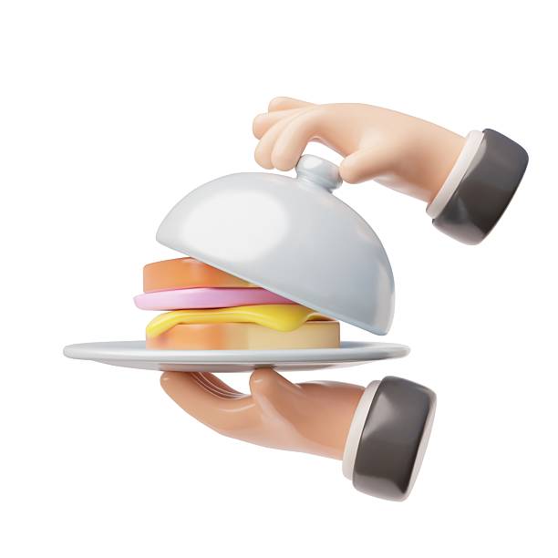 istock Waiter tray platter with sandwich and opening lid holding by hand 3D vector, restaurant or Cafe dish delivery service 2217013104