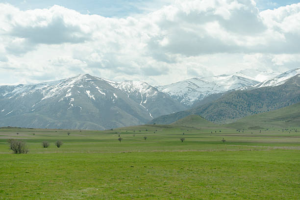 istock Green valley lies beneath snow-capped mountain range 2217016548