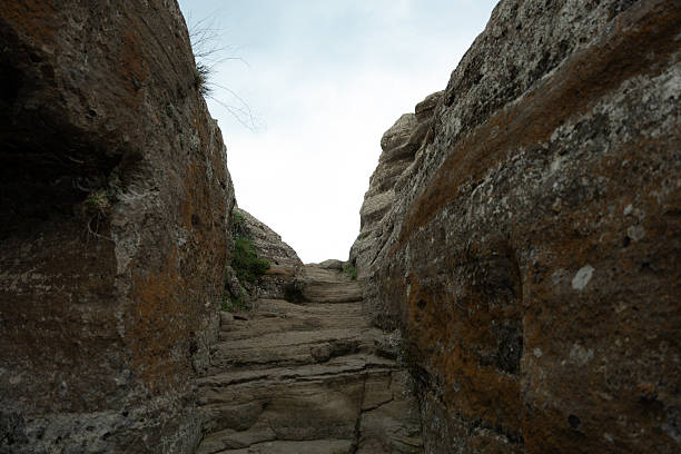 Stone steps ascending between large rocks towards a bright sky