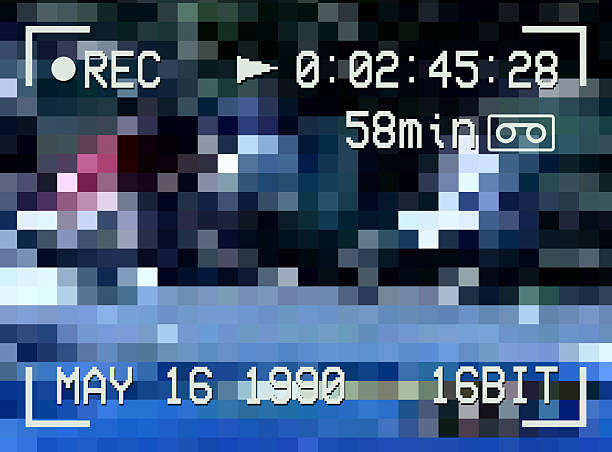 Vector illustration of a 90s VHS camcorder recording screen overlay control panel status window artifact background. Vector eps and high resolution jpg.