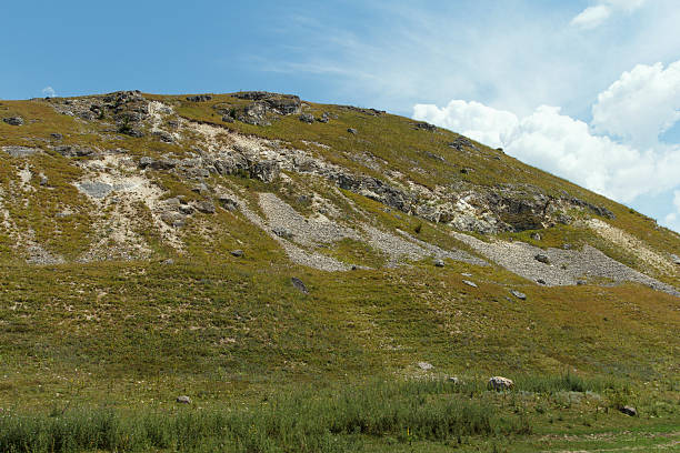 Rolling green hill with rocky outcrops and sparse vegetation, natural beautiful landscape style, under a cloudy blue sky, concept of peaceful wilderness