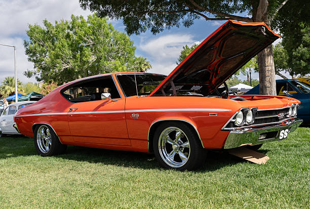 Boulder City, NV / USA - May 24 2025: Best Dam Car Show event featuring classic American and imported vehicles at Wilbur Square Park in Boulder City, Nevada